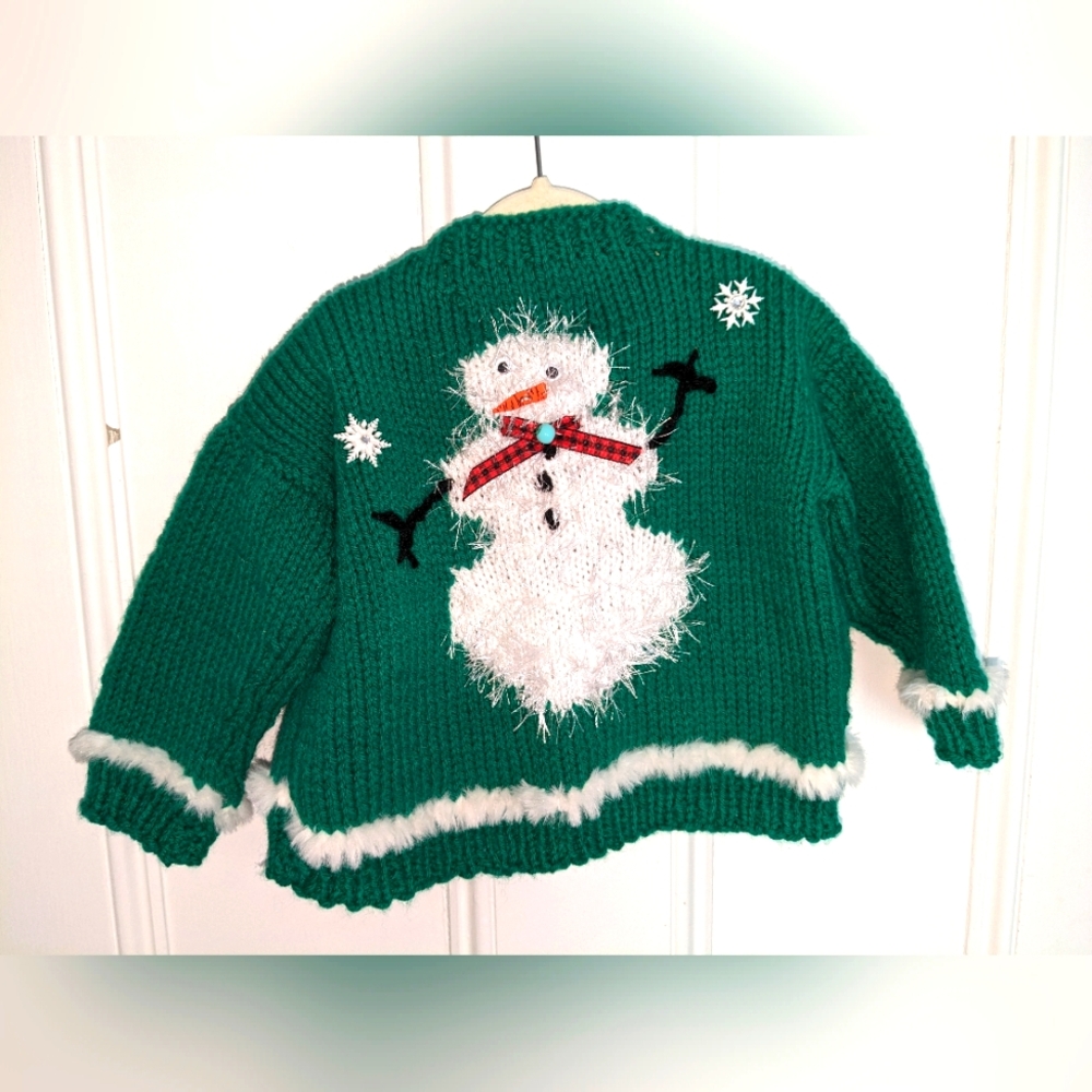 Handknit childs holiday sweater cardigan snowman green